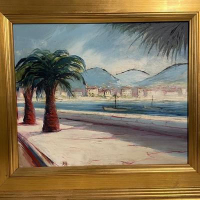 INV #71: Beach scene painting initialed RD, Raoul Difu oil on canvas, C. 1940s, H 14" x W 18"