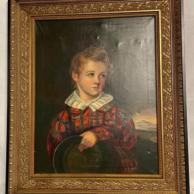 INV #72: Antique oil painting of young boy wearing red and green, handwritten on back reads "Uncle Harvey 1824, 1866 copied by Marie...