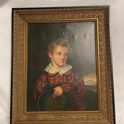 INV #72: Antique oil painting of young boy wearing red and green, handwritten on back reads "Uncle Harvey 1824, 1866 copied by Marie...