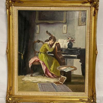 INV #86: Antique Young girl holding cello, signed L. Manotti, oil painting, H 23" x W 19"