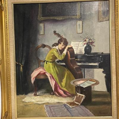 INV #86: Antique Young girl holding cello, signed L. Manotti, oil painting, H 23" x W 19"