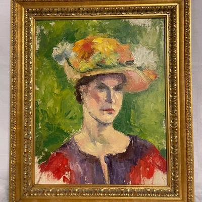 INV #88: Woman in floral hat, American post-impressionist oil painting, artist unknown H 19" x W 15"