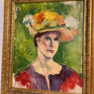 INV #88: Woman in floral hat, American post-impressionist oil painting, artist unknown H 19" x W 15"