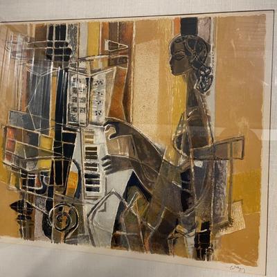 INV #89: Modern mixed media abstract woman playing piano, artist Gilbert Darling, H 16.5" x W 20"