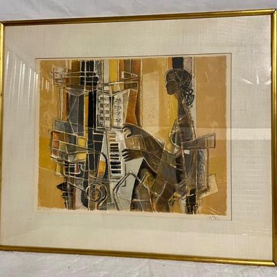 INV #89: Modern mixed media abstract woman playing piano, artist Gilbert Darling, H 16.5" x W 20"