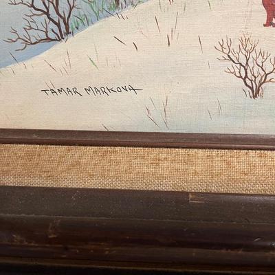 INV #91: Tamar Markova European oil painting, winter village scene, H 19" x W 23"