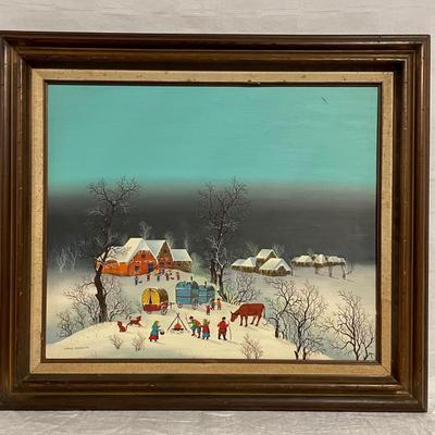 INV #91: Tamar Markova European oil painting, winter village scene, H 19" x W 23"