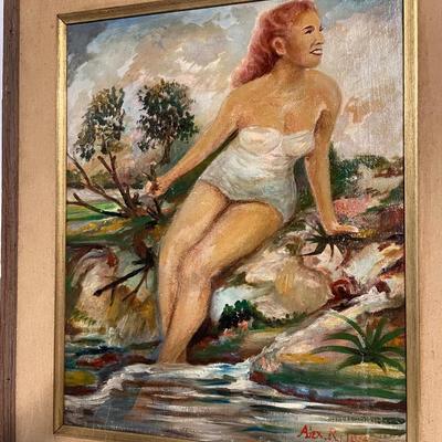 INV #94: Girl in White Swimsuit painting signed Alex R. Jose, H 19.5" x W 16"