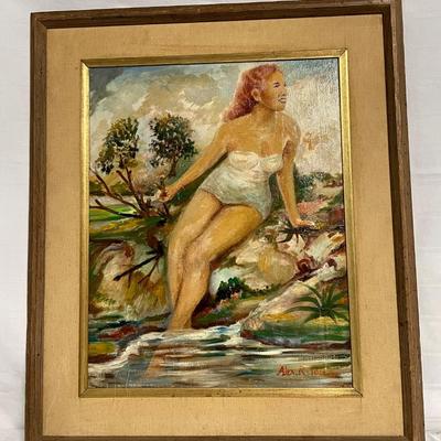 INV #94: Girl in White Swimsuit painting signed Alex R. Jose, H 19.5" x W 16"