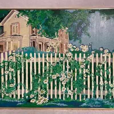 INV #99: Pat Mayhew signed painting, House with white picket fence, H 24" x W 30"