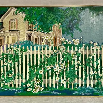 INV #99: Pat Mayhew signed painting, House with white picket fence, H 24" x W 30"