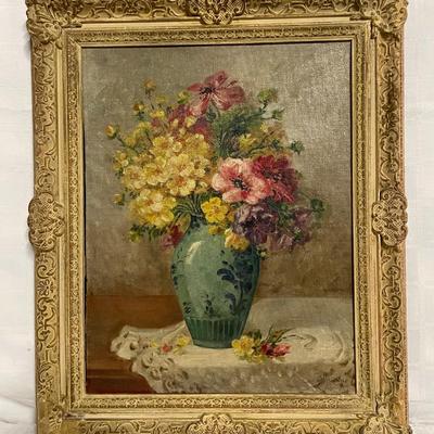 INV #119:Antique still life oil painting of flower bouquet, signed S. Hertzstein, after Adolf Heiztein H 17" x W 13.5"