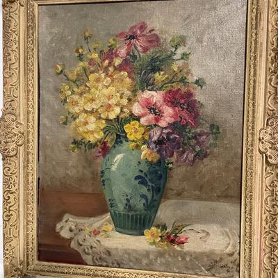 INV #119:Antique still life oil painting of flower bouquet, signed S. Hertzstein, after Adolf Heiztein H 17" x W 13.5"