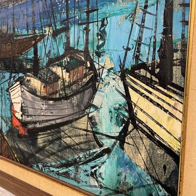 INV #161: Palette knife oil painting of fishing boats, C. 1940s. H 24" x W 36"