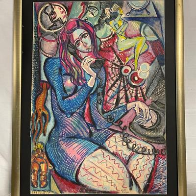 INV #163: Sacha Zaliouk, Surrealist pastel abstract of woman on telephone, H 32.5" x W 22.5"
