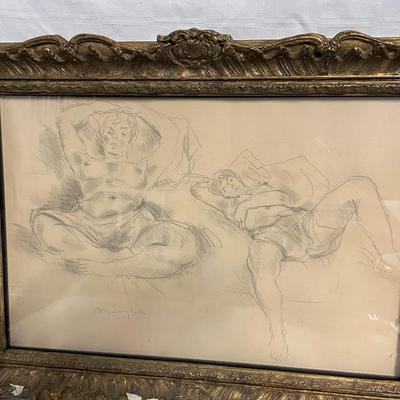 INV 166: Moses Soyer Pencil sketch of two figures lying back in bed, H 15" x W 23"