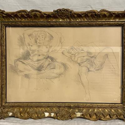 INV 166: Moses Soyer Pencil sketch of two figures lying back in bed, H 15" x W 23"