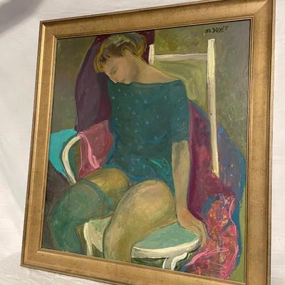 INV #173: M Soyer painting, woman with teal stocking, H 31" x W 27"