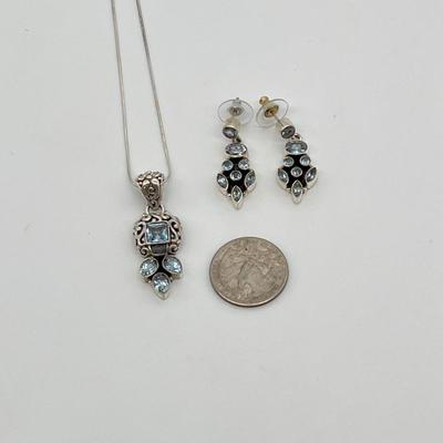 925 ~ 16â€ Blue Topaz Necklace & Earring Set