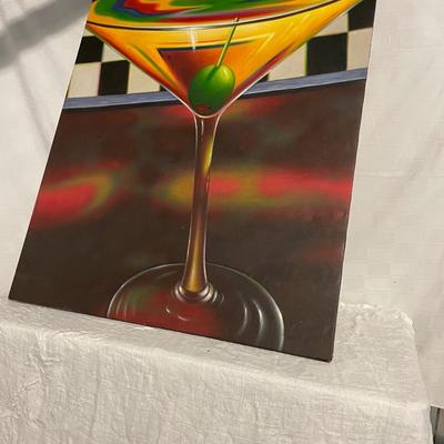 INV #180: Signed Marcoux modern impressionist oil on canvas painting of martini, H 48" x W 36"