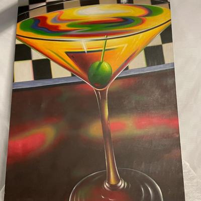 INV #180: Signed Marcoux modern impressionist oil on canvas painting of martini, H 48" x W 36"