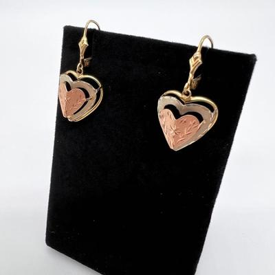 14K ~ Tri Gold Lever Back Heart Earrings