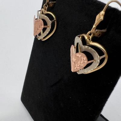 14K ~ Tri Gold Lever Back Heart Earrings