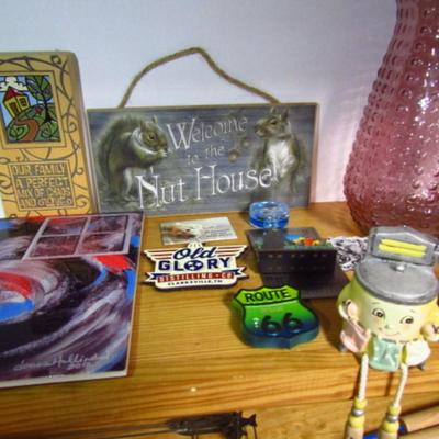 Assortment of Home Decor- Glass Vases, Magnets, Shelf-Sitters, Witty Signs, etc.