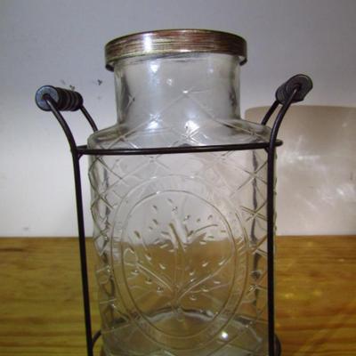 Glass Jar with Metal Flower Frog and Metal Holder