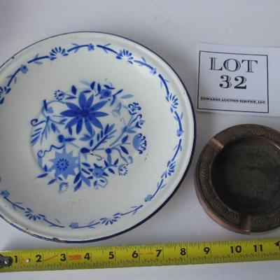 Older Enamelware Decorative Plate and Copper Finish Winston Ashtray
