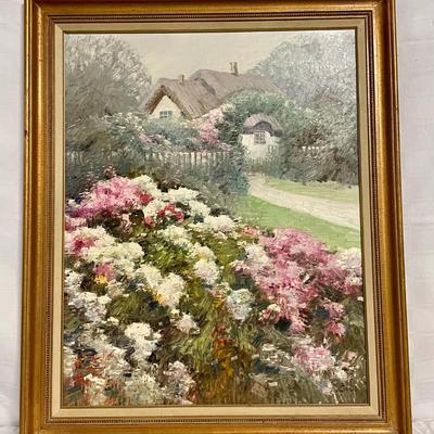 INV #78: Painting of cottage surrounded by pink and white flowers, artist unknown. H 29" x W 23"