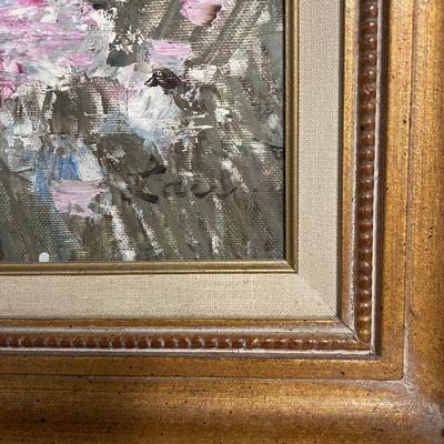 INV #78: Painting of cottage surrounded by pink and white flowers, artist unknown. H 29" x W 23"