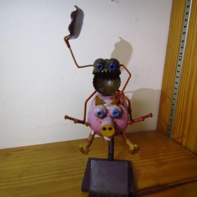 Metal Art- Rodeo Frog on Pig- With Spring for Rocking Action- Approx 9 1/2