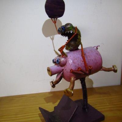 Metal Art- Rodeo Frog on Pig- With Spring for Rocking Action- Approx 9 1/2