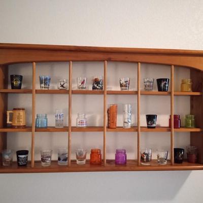 LOT 3  WALL HUNG WOODEN DISPLAY SHELF FILLED WITH SHOT GLASSES (entry way)
