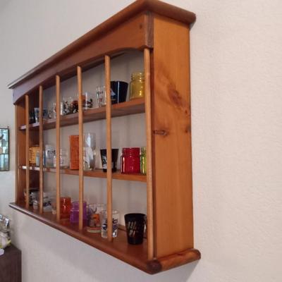LOT 3  WALL HUNG WOODEN DISPLAY SHELF FILLED WITH SHOT GLASSES (entry way)