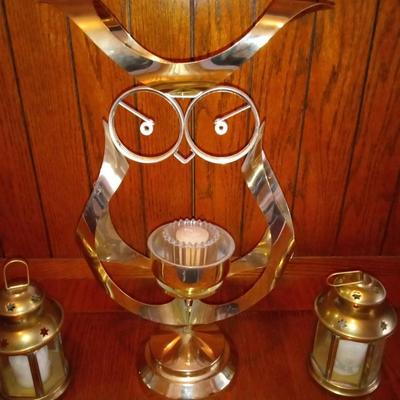 LOT 6  TIN OWL CANDLE HOLDER AND 2 CANDLE LANTERNS (Entry way)
