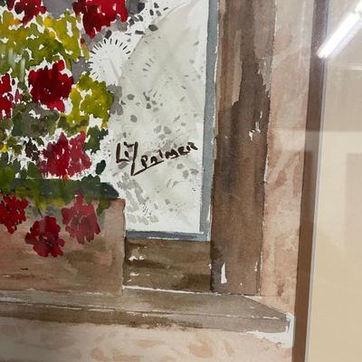 INV #85: Watercolor of red flowers in window box signed Palmer, H 18" x W 14"