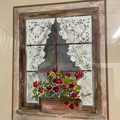 INV #85: Watercolor of red flowers in window box signed Palmer, H 18" x W 14"