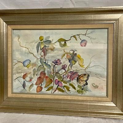 INV #102: Original watercolor painting of flowers and monarch butterfly, H 13" x W 19"