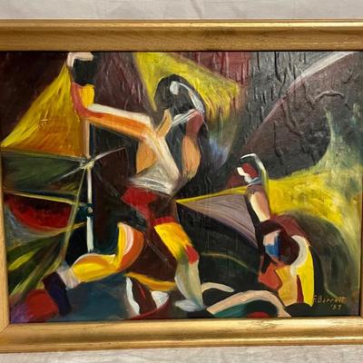 INV #134: Abstract painting of boxers signed F. Barrett, 1957, H 17" x W 23"