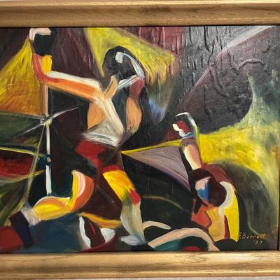 INV #134: Abstract painting of boxers signed F. Barrett, 1957, H 17" x W 23"