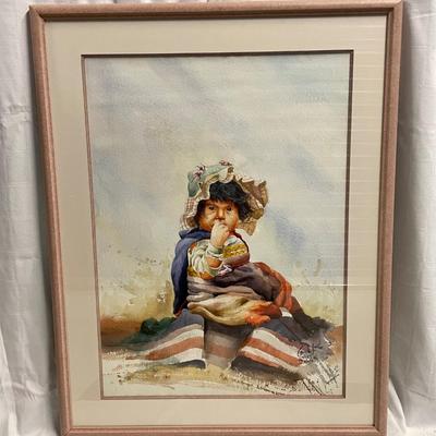 INV #40: Watercolor of Native American Child titled "Belotta", H 29" x W 21"