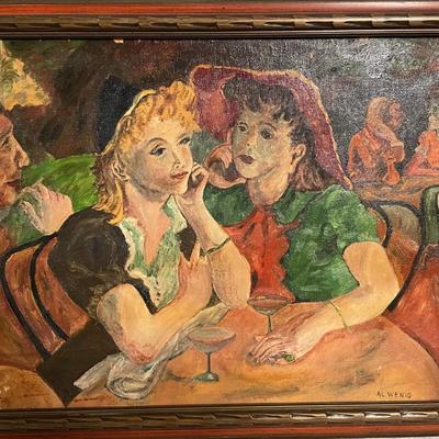 INV #46: Al Wenig painting, two women at cocktail table, H 15.5" x W 19.5"