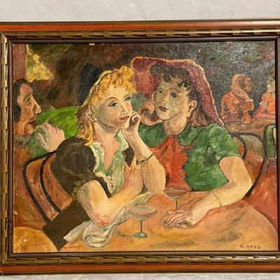 INV #46: Al Wenig painting, two women at cocktail table, H 15.5" x W 19.5"