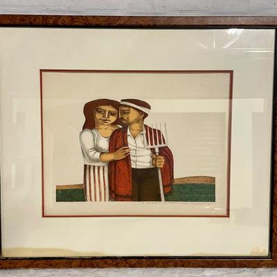 INV #133: Red and White dressed farming couple, signed, H 10" x W 13"