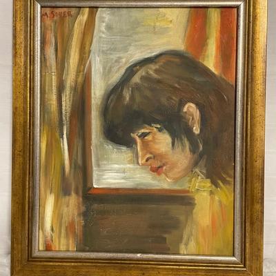 INV #54: Moses Soyer signed portrait of woman looking downward, H 19" x W 16"