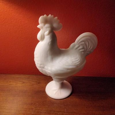 Vintage Portieux Vallerysthal Milk Glass Covered Dish Rooster