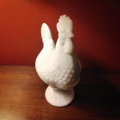 Vintage Portieux Vallerysthal Milk Glass Covered Dish Rooster