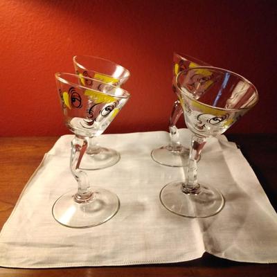 Vintage Signed Gay Fad Beau Brummell 1950s Martini Glass Hand Painted Bent Stem